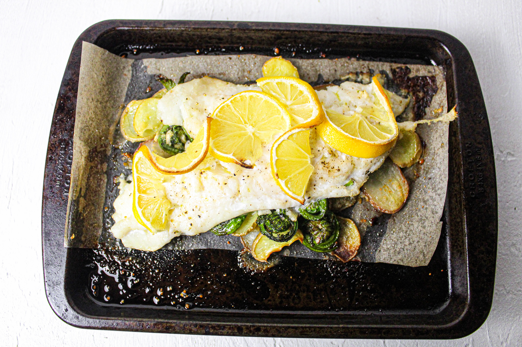 One-Pan Garlic Parmesan Fiddlehead Ferns with Potatoes, Haddock Fish Fillet