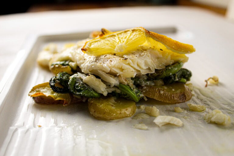 fiddlehead ferns with haddock.