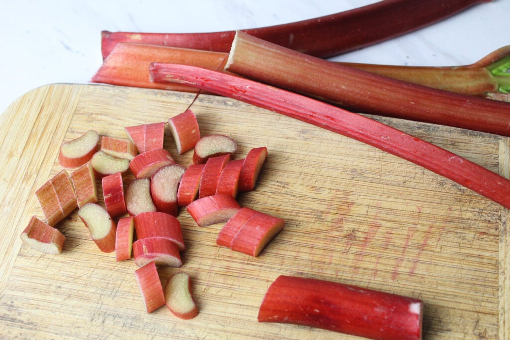 rhubarb stalks on cutting board.