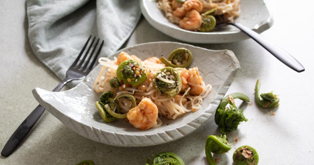 fiddlehead fern stir fry with shrimp.
