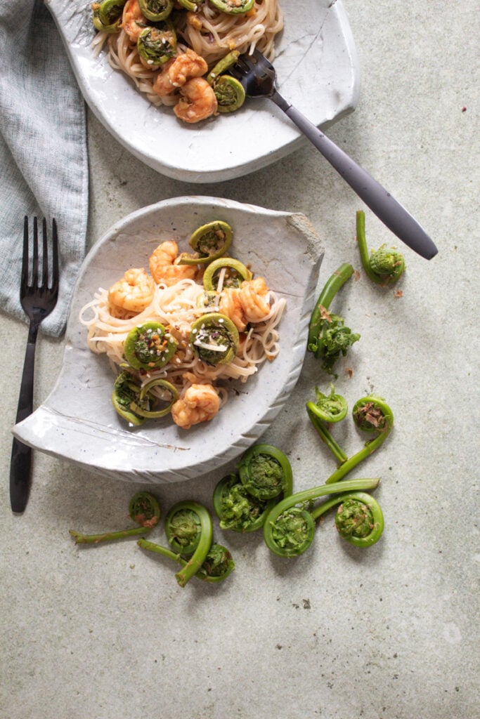 fiddlehead fern rice noodle stir-fry