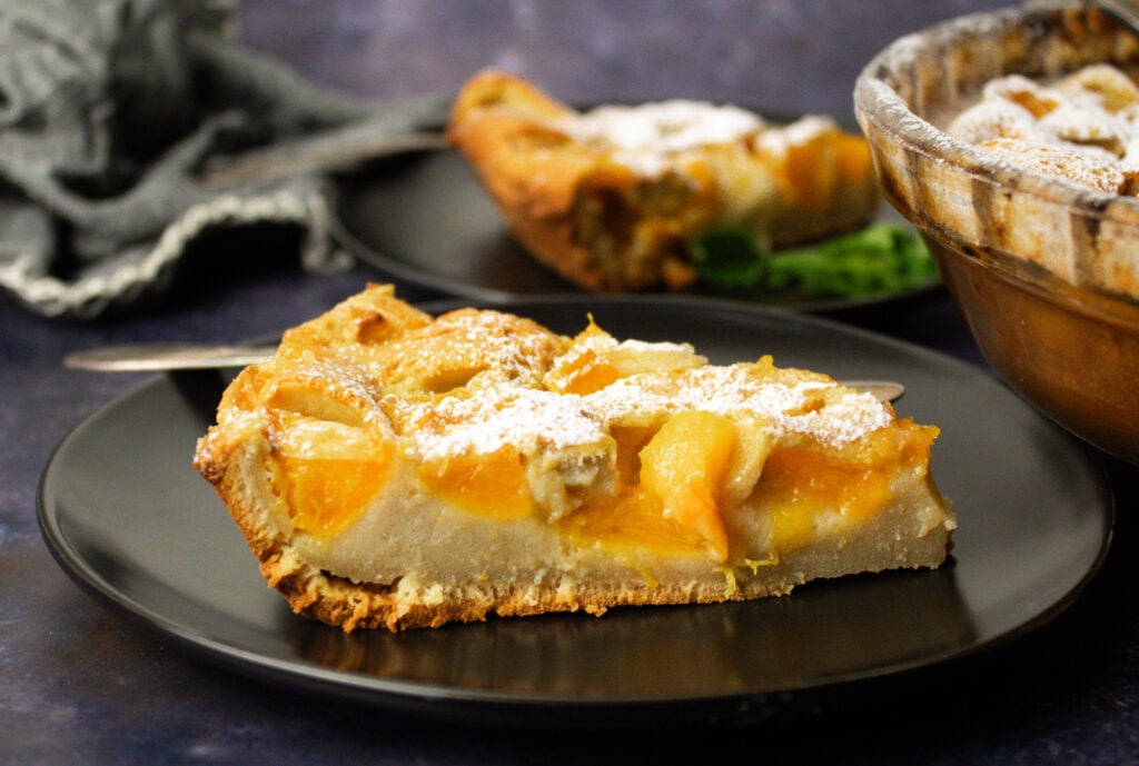 slice of chamomile flower infused apricot clafoutis. 