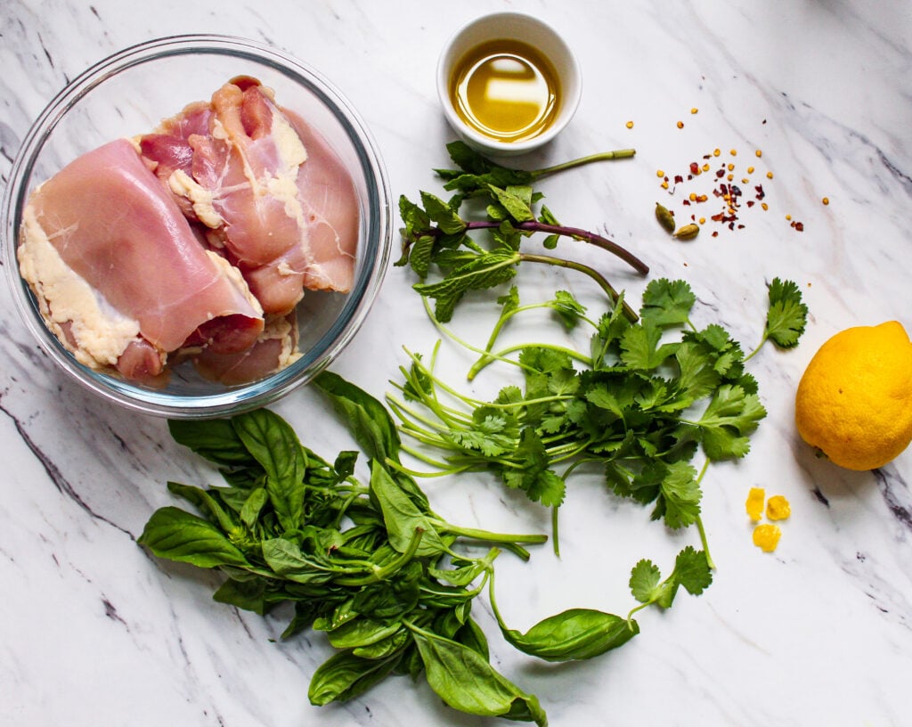 all ingredients for garden herb marinated chicken thighs