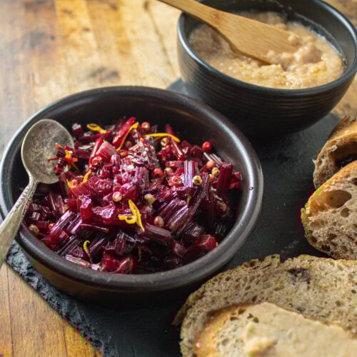 Roasted beet stalks with pink peppercorn, Lemon zest and balsamic glaze.