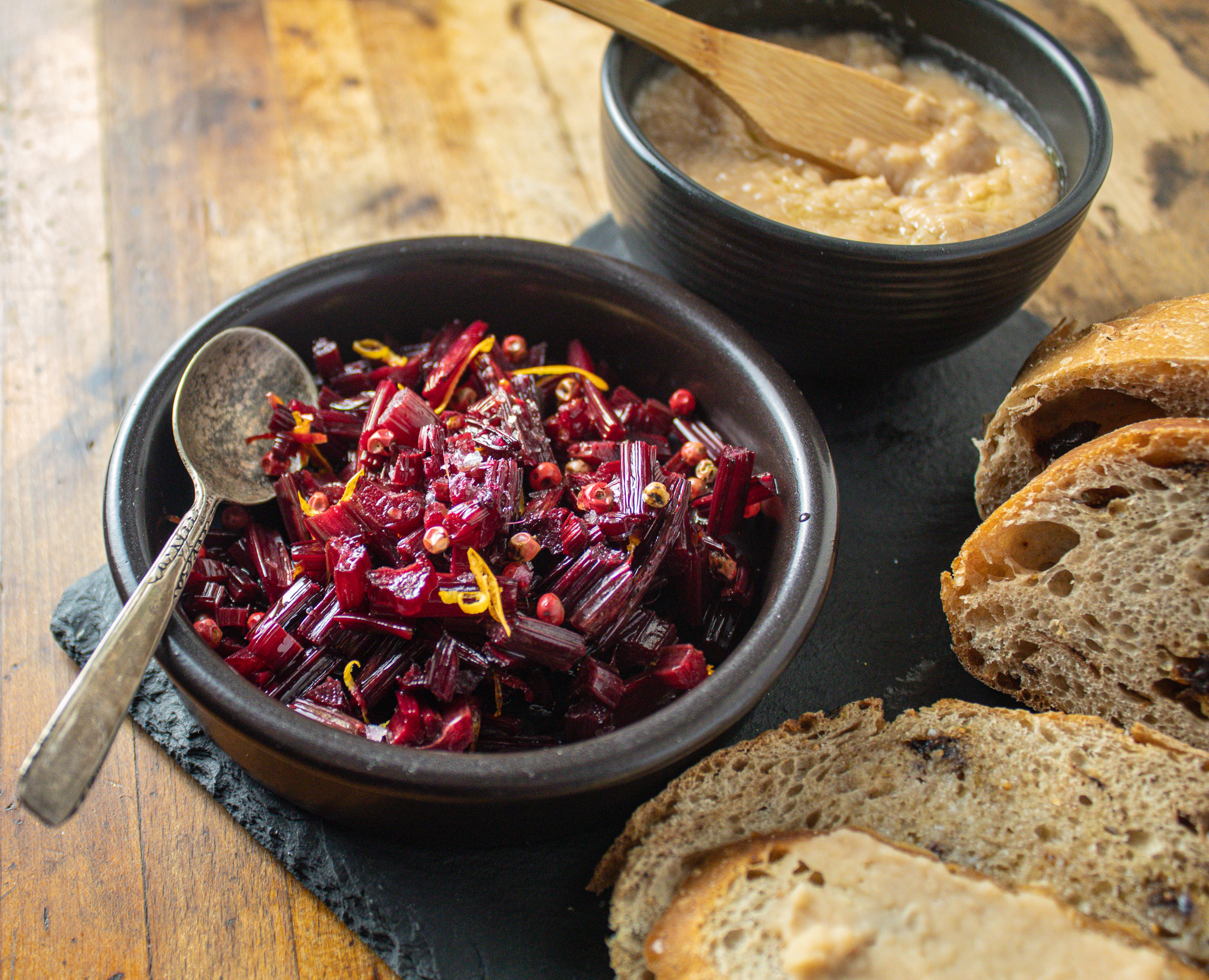 Roasted beet stalks with pink peppercorn, Lemon zest and balsamic glaze.