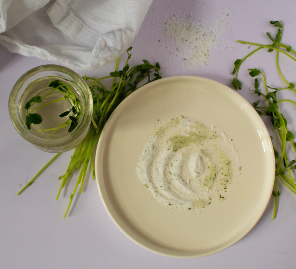 pea shoot sugar and pea shoot simple syrup for drinks.