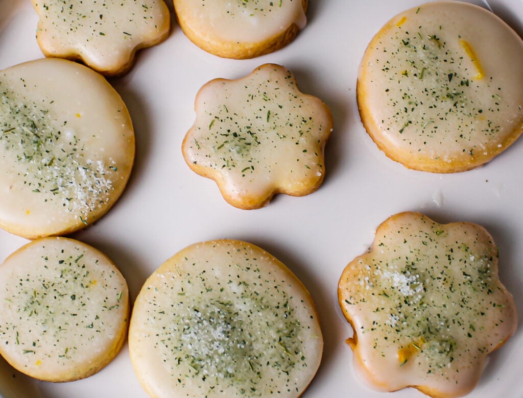 meyer lemon cookies sprinkled with pea shoot sugar. 