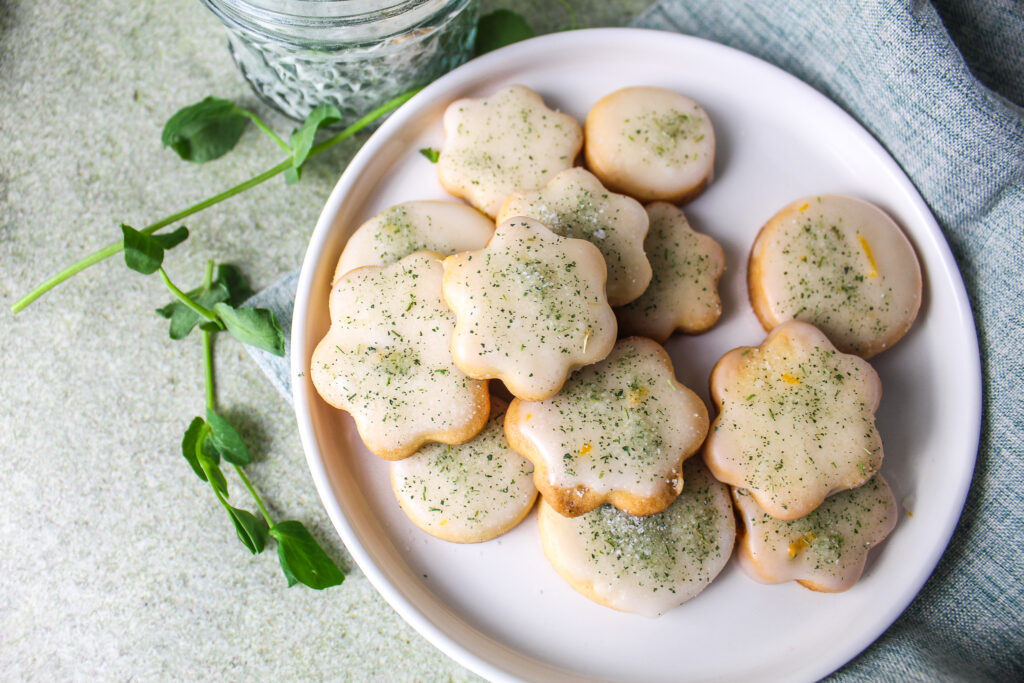 pea shoot sugar garnished cookies.