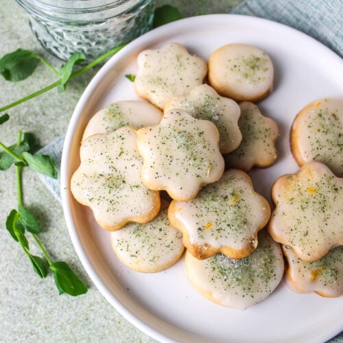 pea shoot sugar garnished cookies.