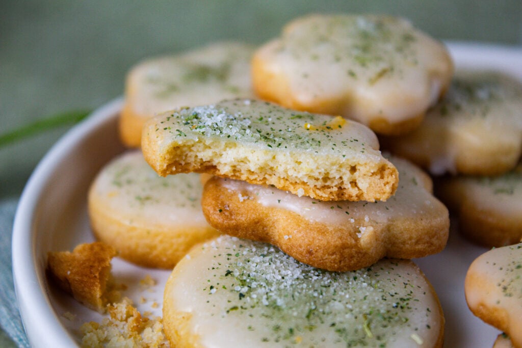 meyer lemon cookies stacked with pea shoot sugar. 