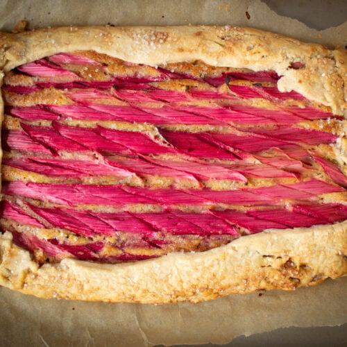 rhubarb galette on parchment paper.