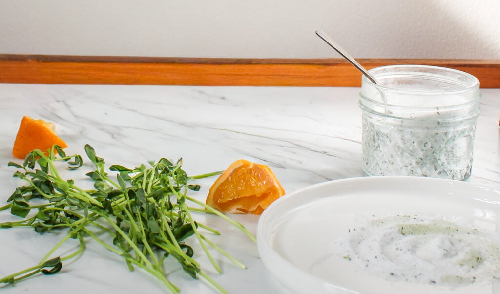meyer lemons and pea shoots