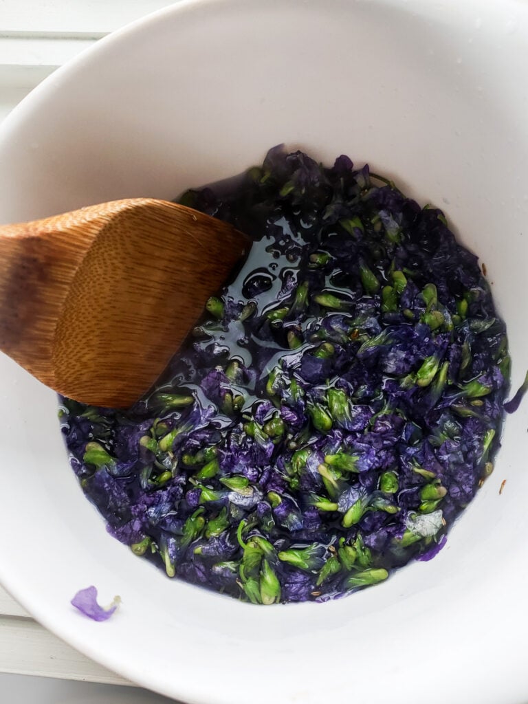 steeping violets in hot water.