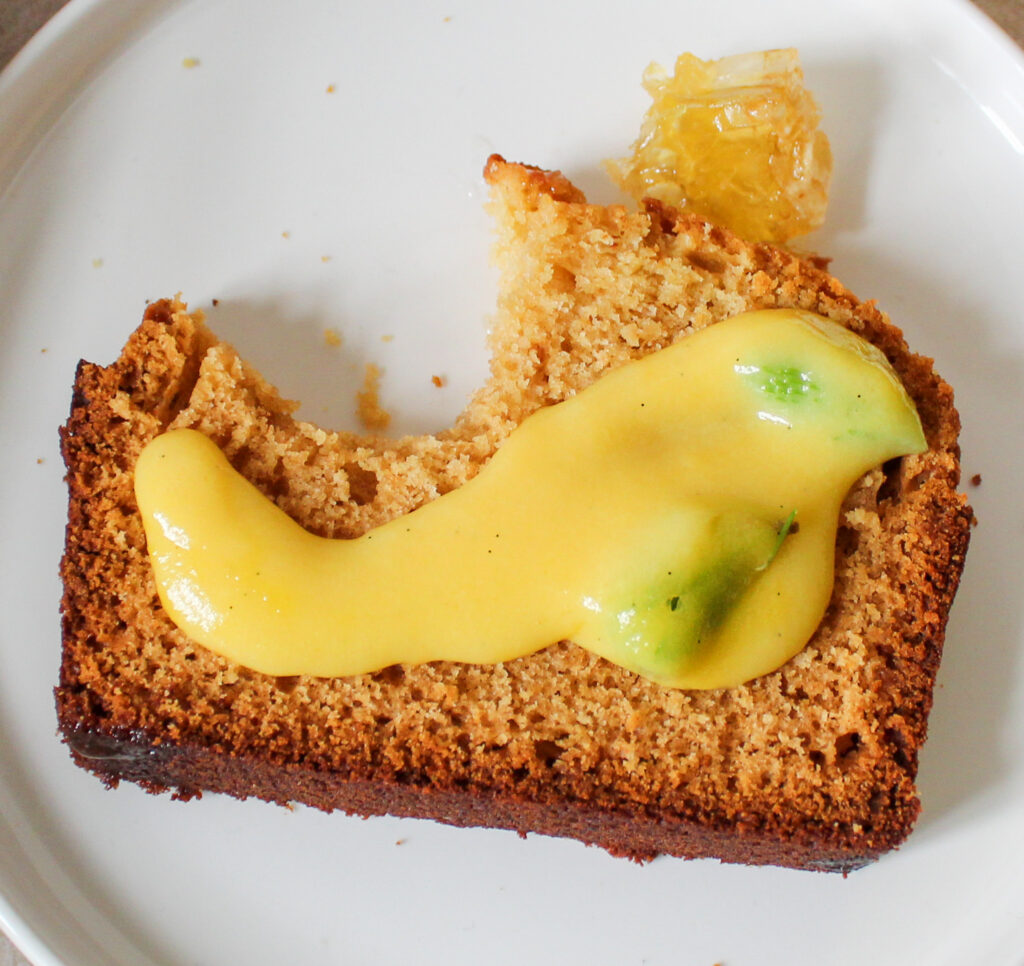 spruce tip honey loaf cake served with spruce tip lemon cake. 