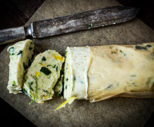 Browned Butter Ramp Compound Butter with Lemon Zest.