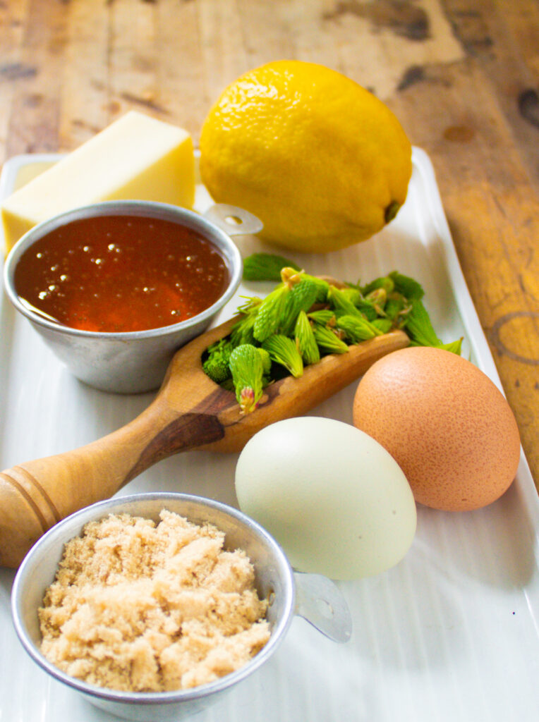 ingredients for spruce tip honey cake. 