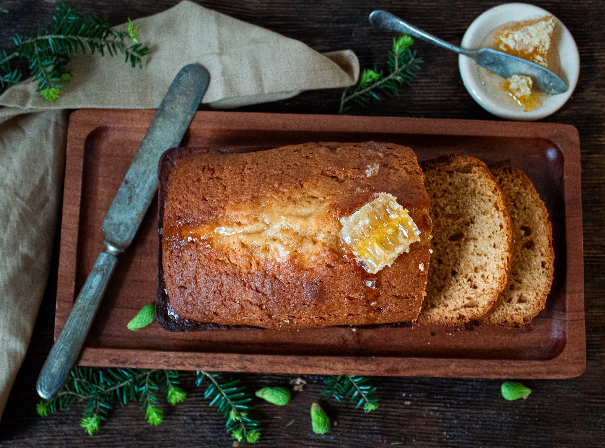 spruce tip honey loaf cake.